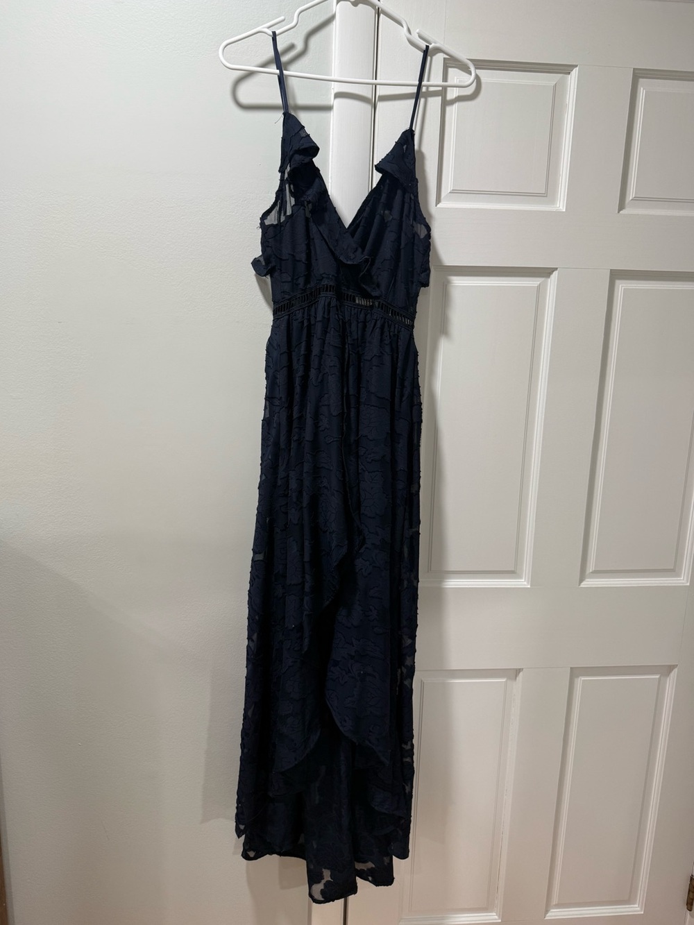 Navy Ruffle V-Neck Lace Maxi Dress